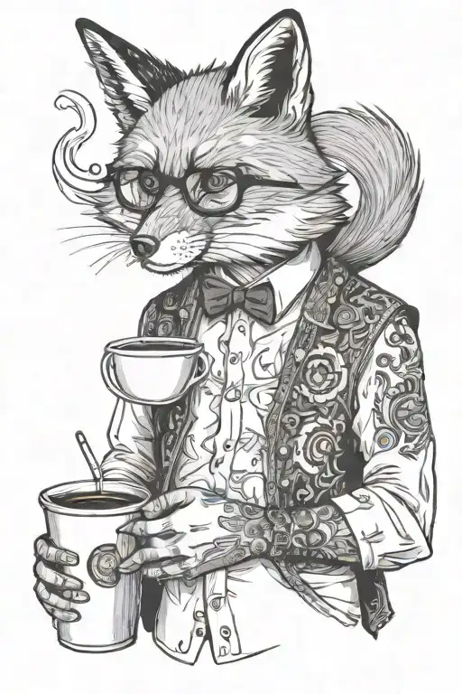 A fox in a vest and a white shirt, wearing transparent glasses, holding a cup of coffee and a cigarette in it tattoo design idea