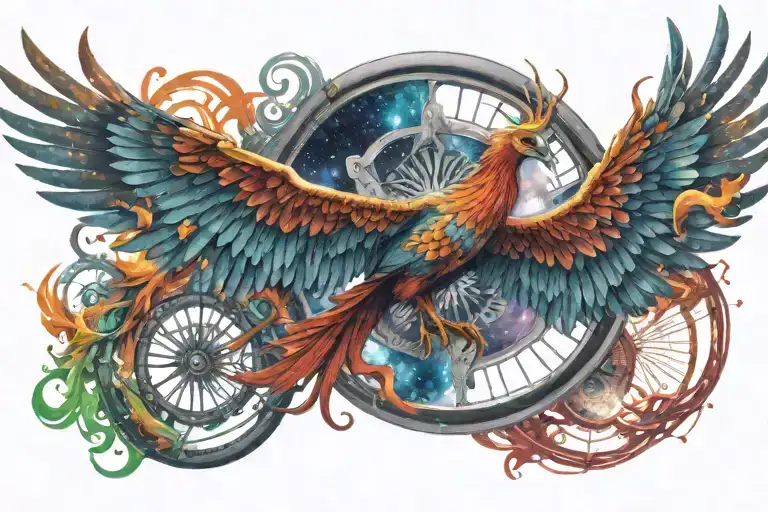 colorful Phoenix spreading wings in cosmic space backround with wheel of samsara  tattoo design idea
