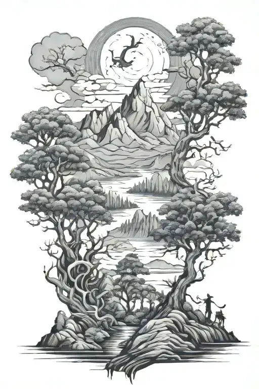mountains, trees, water, four horseman of the apocalypse  tattoo design idea