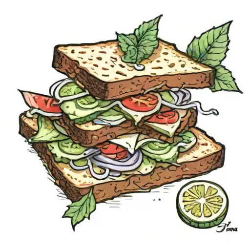 tattoo of tuna salad sandwich on thick sliced toasted bread with tomato, onion, cucumber.  tattoo design idea