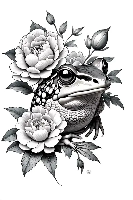 toad and peonies with flowers tattoo design idea