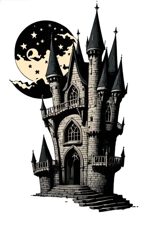 dark fantasy castle with big Windows and bars cresent moon stars tattoo design idea