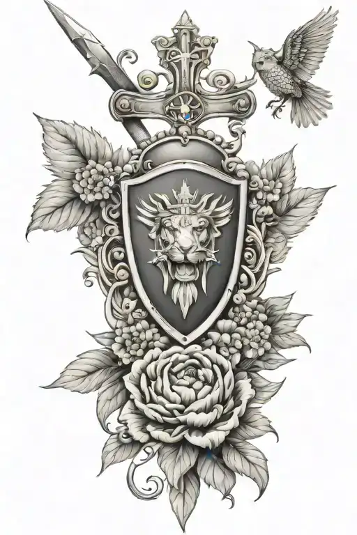 Armor of God feminine tattoo: Sword, Shield, Wings, crown of thorns, lion and lamb, Cross,Peony, hydrangea, sunflower,  tattoo design idea