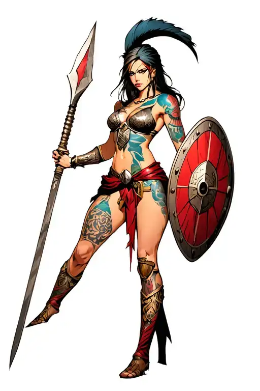 ares as a female spartan with spear and shield adorned tattoo design idea
