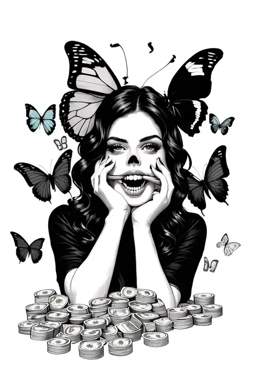 woman biting rolls of money 100s 50s 20s commas bank account prosperity joy dead butterflies life and dead butterflies tattoo design idea