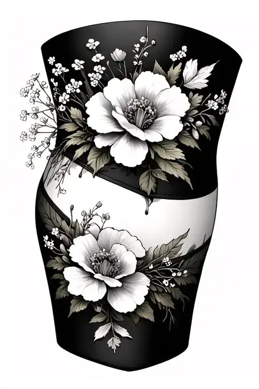 floral garter belt that wraps around thigh with babies breath, forget me not, dianthus and lobelia tattoo design idea