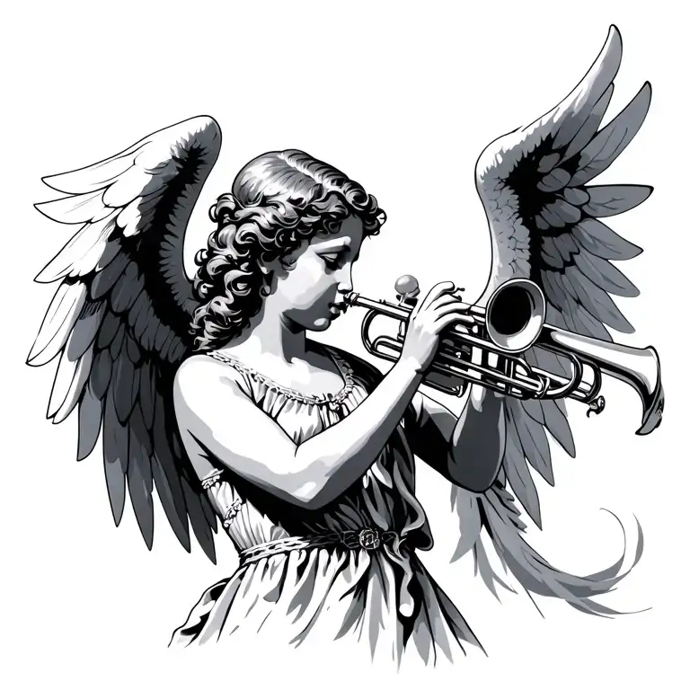 angel playing trumpet tattoo design idea