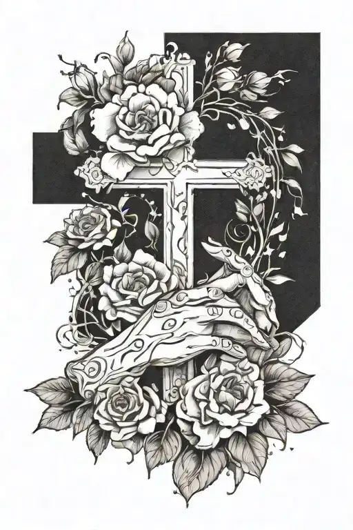 cross, the creation of adam hands, flowers growing tattoo design idea