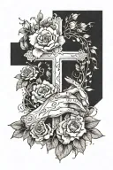 cross, the creation of adam hands, flowers growing tattoo design idea