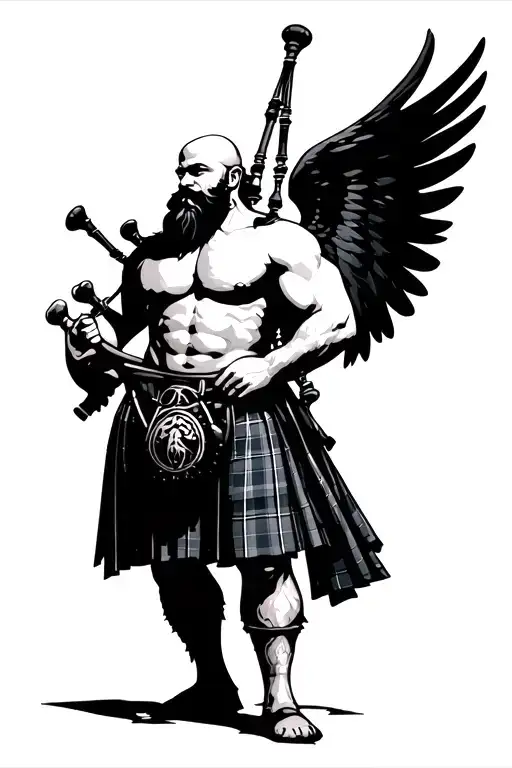 shirtless muscular bagpiper bald black beard with huge black wings playing bagpipes in arm tattoo design idea