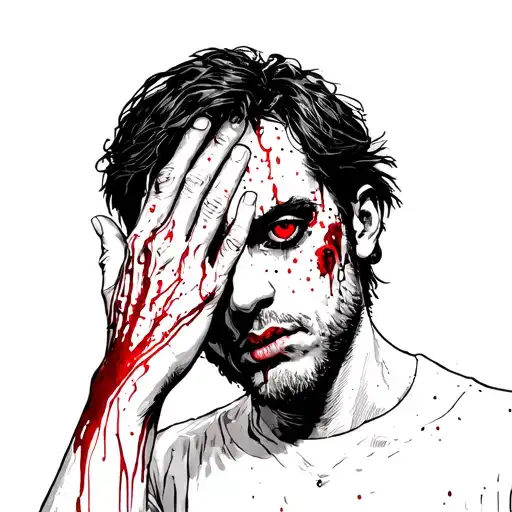 The guy holds his hand to his face, blood runs down his hand. The eye is bloodshot and wide open. Atmosphere of sadness tattoo design idea