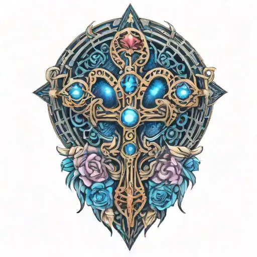 ankh with feathers and blue highlights and roses tattoo design idea