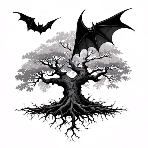 piosoin tree with root and bat flying tattoo design idea