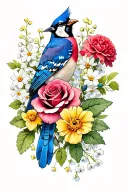 Blue jay, cardinal, roses, carnation, primrose, aster, daffodill, marigold and lilly of the valley with a little darknes tattoo design idea