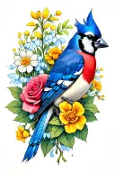 Blue jay, cardinal, roses, carnation, primrose, aster, daffodill, marigold and lilly of the valley with a little darknes tattoo design idea