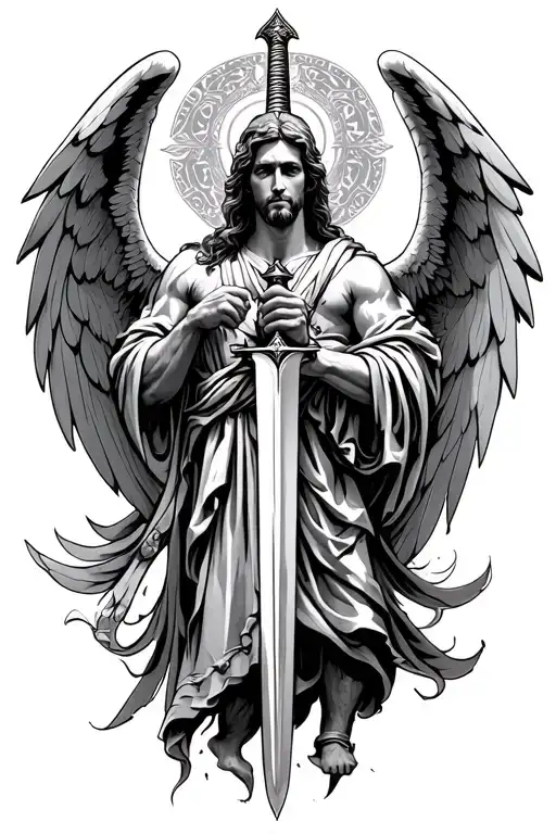 Arch Angel Michael holding sword down the middle tattoo design idea