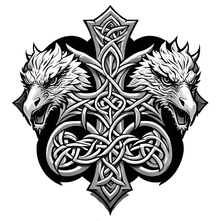 celtic stone cross with 3 gryphon heads  tattoo design idea