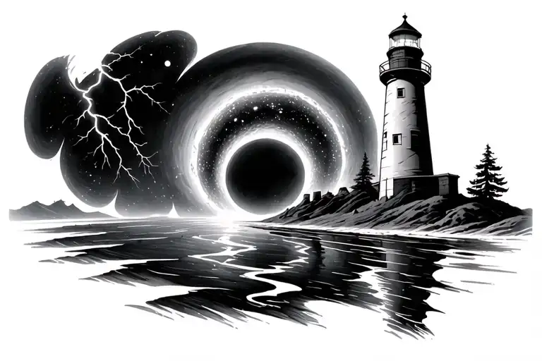 lighthouse black hole planet lightning tattoo design idea