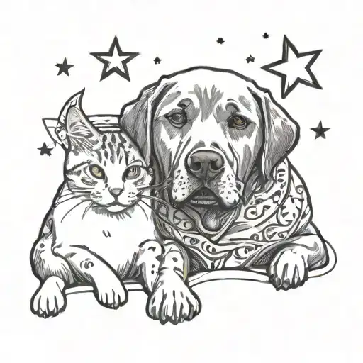 labrador and cat cuddling together with little stars around them  tattoo design idea