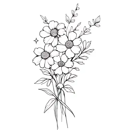 Fine line, bouquet, with starts, on the wrist. Primrose, hawthorn, chrysanthemum and narcissus flowers tattoo design idea