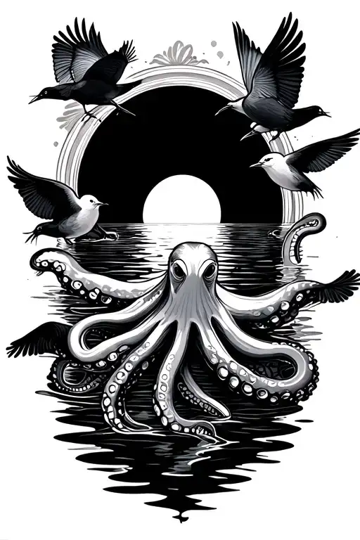 octopus gracefully swimming three birds sun rising tattoo design idea