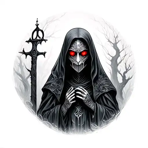 the Warden she is, non-human, solemn figure that emerges from the fog to watch over memories, loss. red eye glows  tattoo design idea