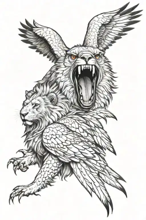 Hawk and its wings wrapped roaring lion tattoo design idea