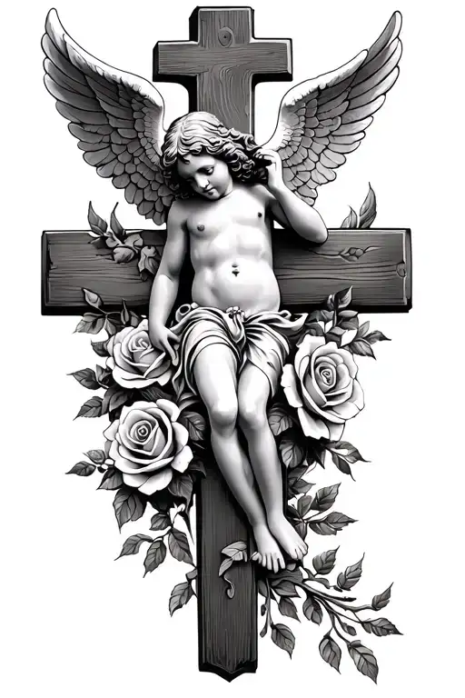 cherub angel roses and crucifix wooden cross tattoo design idea
