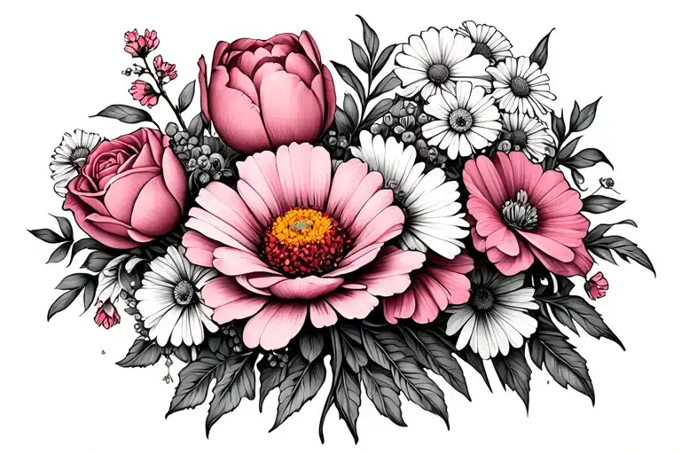 marigold , tulip, roses, pink garden cosmos, and white alyssums bouquet  tattoo design idea
