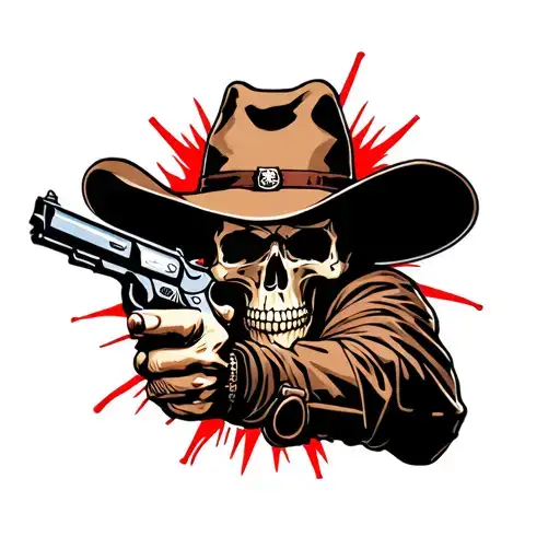 Skull cowboy holding gun upwards tattoo design idea
