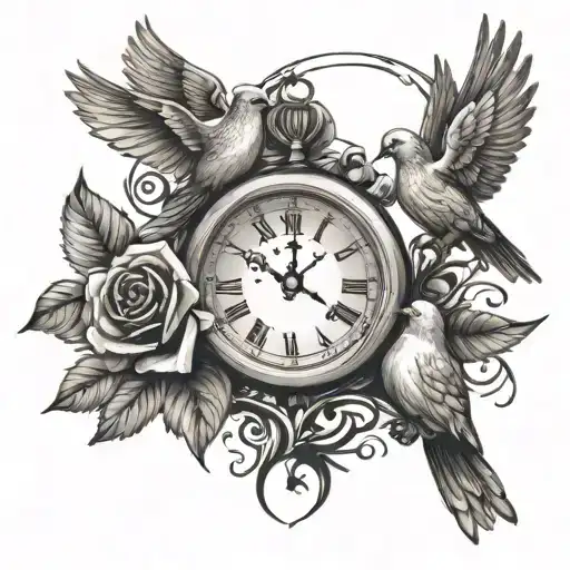 roses 2 doves clocks tattoo design idea