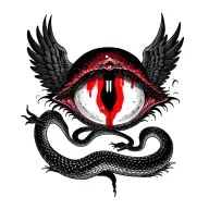 A winged, black snake with the twisted body on itself. It surrounds a unique blood red eye, split vertically. tattoo design idea