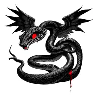 A winged, black snake with the twisted body on itself. It surrounds a unique blood red eye, split vertically. tattoo design idea