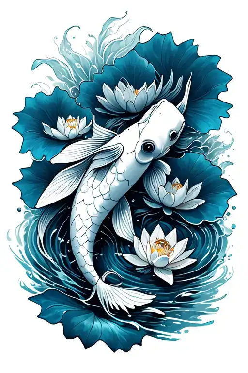 blue koi swimming downstream, water, lotus flowers tattoo design idea