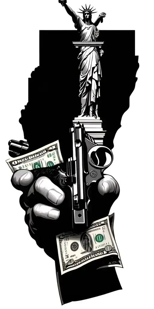 Pistols in the hand, money around, the text of One Chance, a statue of freedom upstairs tattoo design idea
