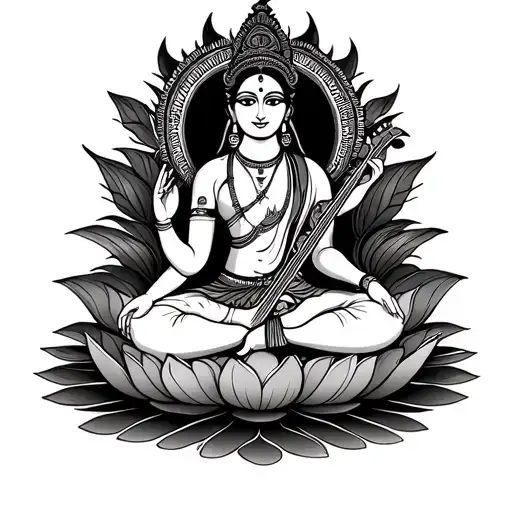 saraswati in jamini roy style seated on lotus tattoo design idea