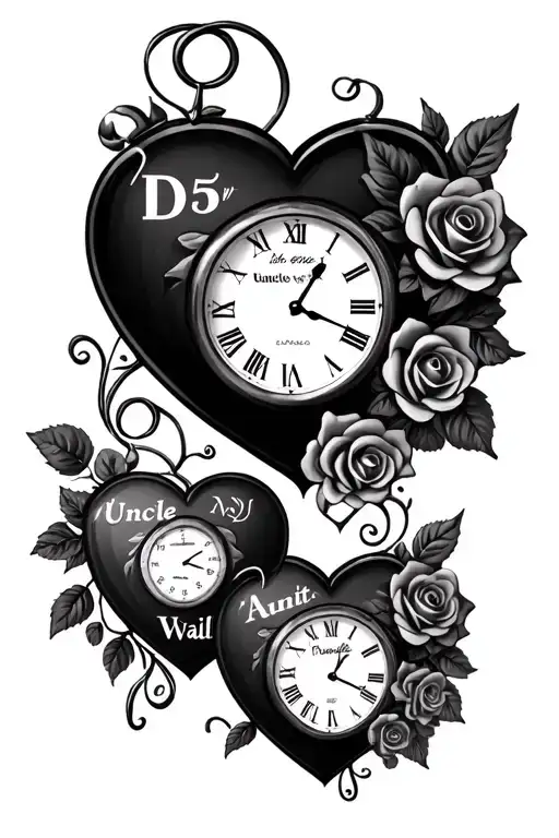 3 heart shaped clocks with roses, 1st clock with the name D5, 2nd one with the name uncle will, 3rd one with auntie Val tattoo design idea
