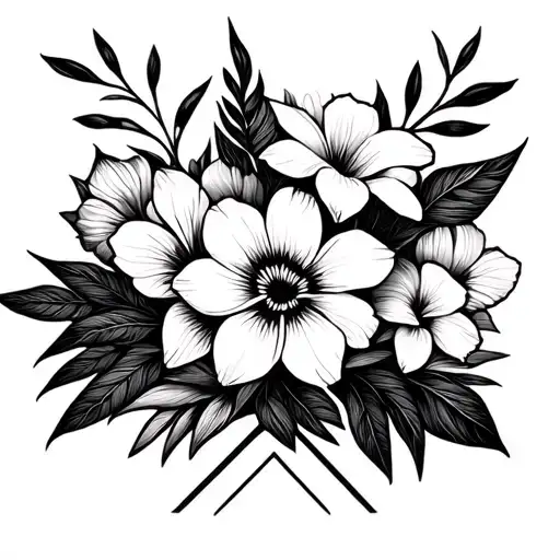 A bouquet of exotic flowers intertwined with geometric shapes tattoo design idea