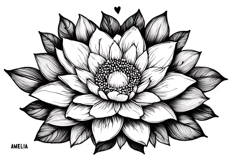 Lotos flower in the women's style of a mandala with a line and the inscription AMELIA and a further line ended with a small heart inscription tattoo design idea