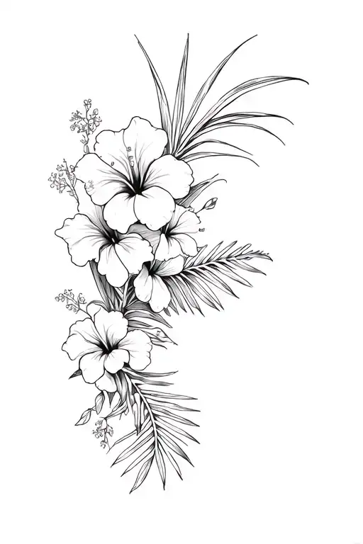 hibiscus vine and flowers, palm  fronds and small flowers tattoo design idea