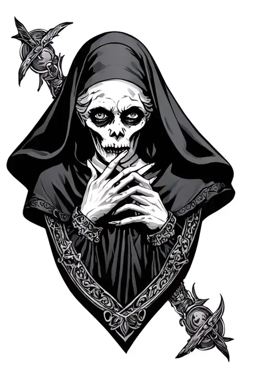 dark medieval zombie nun shushing tattoo design idea