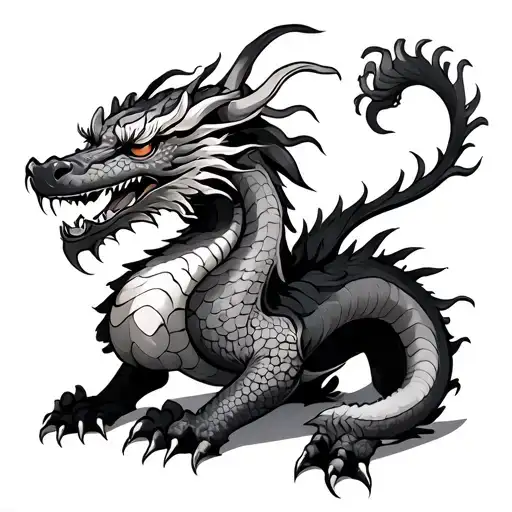 An eastern asian dragon with intricate scales, a mane and tail. tattoo design idea