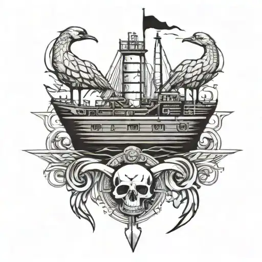 Container ship with a crane and a skull and anchor tattoo design idea