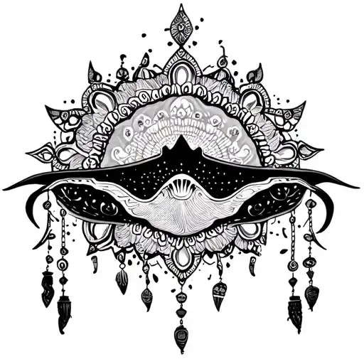 mandala design with dangling things connected to a manta Ray  tattoo design idea