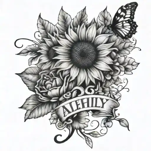 alehly name with sunflowers and butterflies tattoo design idea