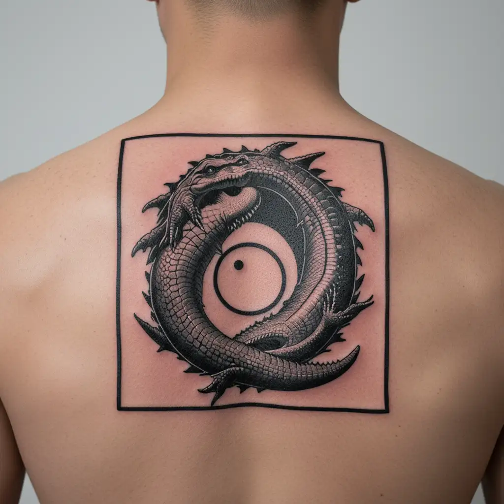 two crocodiles intertwined with each other, forming a semblance of a circle or sign of yin-yang on the knee cup tattoo design idea