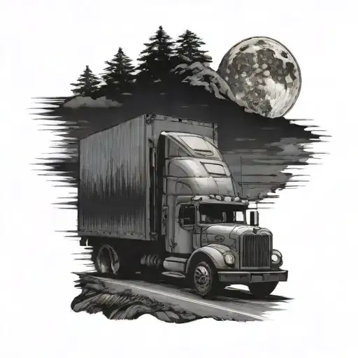 truck driver alone on the road thinking at his home in the moon light tattoo design idea