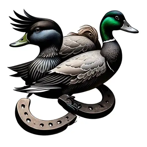 An intricate design combining horseshoes and mallard ducks tattoo design idea