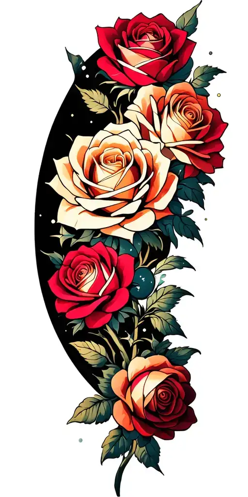  traditional roses embedded in  black. negative space sparkles  throughout gap filler between flowers tattoo design idea