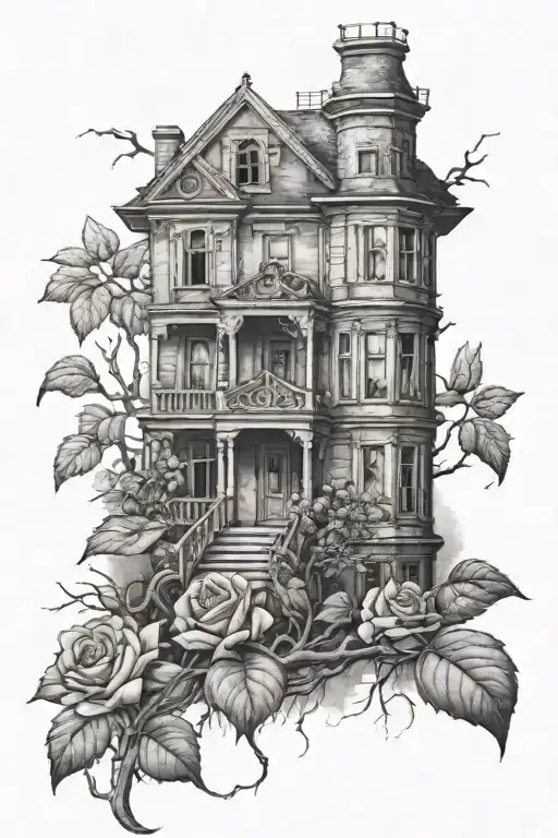 Abandoned Stalin-era house, roses, tree roots tattoo design idea
